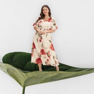 🛑Floral Print V Neck Ruffles Midi Dress with Pockets Shirred waist 18/20